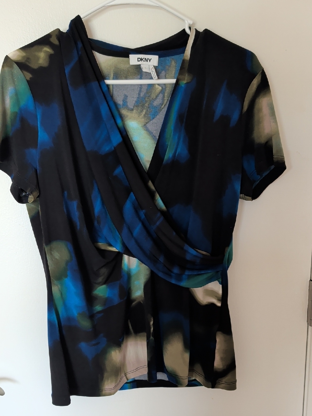 DKNY Black Blue and Olive Abstract Wrap-Front Short Sleeve Top